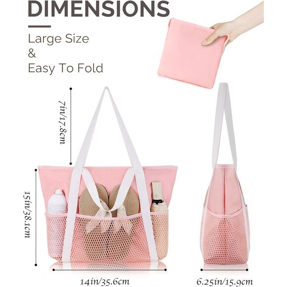 Women Pink Beach Bag Large Waterproof Sandproof Foldable Tote With Zipper Mesh - Picture 4 of 7
